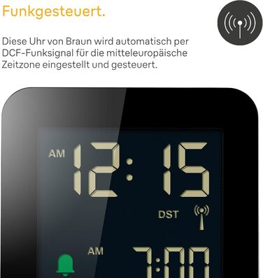 Цифровий радіо-будильник Braun BC09B-DCF з негативним LCD-дисплеєм, функцією швидкого налаштування, поступовим сигналом, режимом сну, для центральноєвропейського часу, чорний