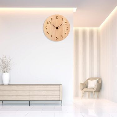 ACCSHINE настінний годинник з натурального дуба 30 см, безшумний кварцовий механізм, велика кругла дерев'яна годинникова стрілка, для кухні, спальні, вітальні, офісу та школи