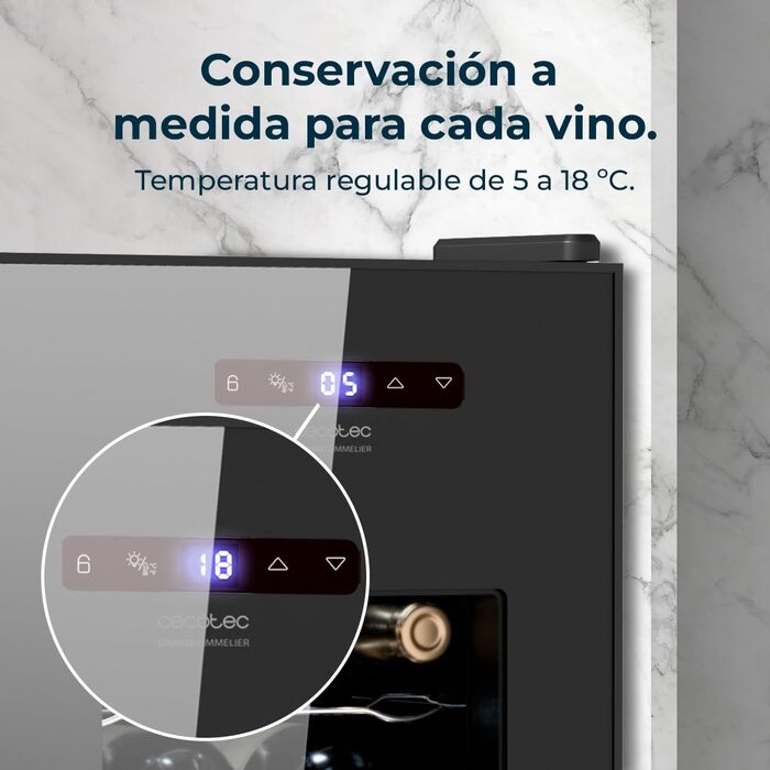 Винний шафа Cecotec Bolero GrandSommelier 830 CoolWood, термоелектрична, тиха, для 15 пляшок, регульована температура 8-18°C, сенсорне керування, енергоощадна, чорна