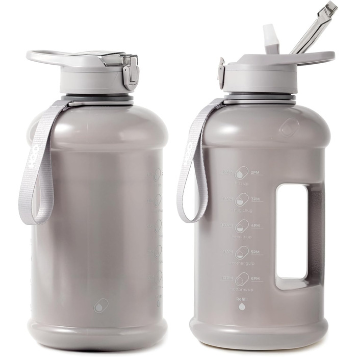 Пляшка для води H2O Capsule INSPO 2,5 л з мітками часу, соломинкою, ручкою та ремінцем, харчовий пластик, не протікає, мотиваційна, сіро-бежева