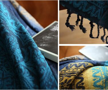 Плед ELEOPTION з мікрофібри Chenille, жакардовий з китицями, декоративний покривало для ліжка, дивану, крісла, народний етно орнамент, синій, 220x250 см
