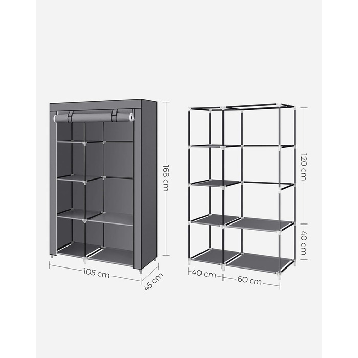 SONGMICS тканинна шафа для одягу з 6 полицями, модульна, сіра, 105x45x168 см – шафа для спальні та гардеробної