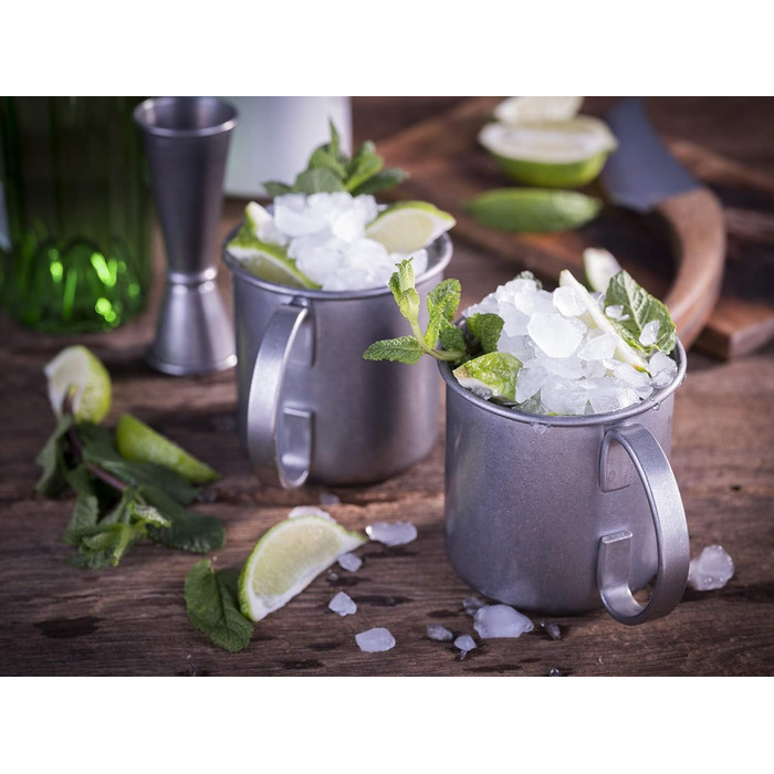 Набір для коктейлів Moscow Mule: 2 склянки по 500 мл, барна ложка 27 см, джигер 5cl, чорна преса для лайма, харчова нержавійка, подарункова коробка