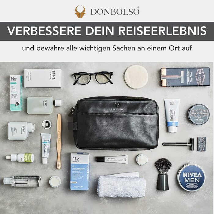 Шкіряна косметичка DONBOLSO Stockholm, преміум-органайзер для подорожей, чорна вінтажна, 25x13x15 см, для жінок і чоловіків, з багатьма відділеннями