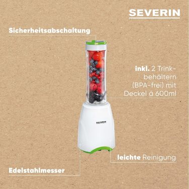 Смузі-мейкер SEVERIN Mix & Go SM 3735, 300 Вт, 2 пляшки по 600 мл, біло-зелений, портативний блендер для напоїв