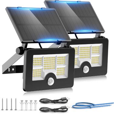 Сонячний світильник для вулиці з датчиком руху, 122 LED, 4 режими, прожектор, USB-зарядка, акумулятор 2200 мА·год, IP65, ліхтар на паркан для саду (2 шт.)