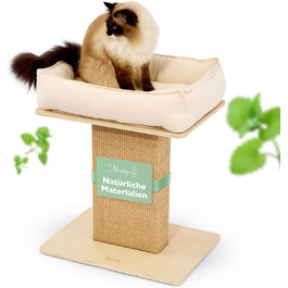 Nemmy Преміум когтеточка для котів, мала, беж, широка стійка, котяче ліжко з подушкою, дерев'яний сучасний дизайн