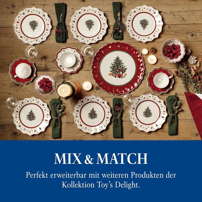 Villeroy & Boch Toy's Delight – набір тарілок 8 шт., порцеляна, святковий набір для різдвяного столу, обідні та сніданкові тарілки з новорічним малюнком, сервіз на 8 персон