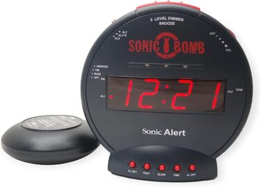 Будильник Geemarc Sonic Bomb з потужним сигналом, віброкапсулою та функцією дрімоти для слабочуючих і людей, які важко прокидаються, версія DE