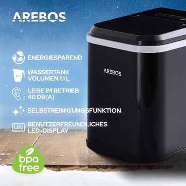 Льодогенератор Arebos 12 кг/24 год, R600a, 1,1 л, самочистка, тихий, з лопаткою та контейнером, чорний, 8 кубиків за 10 хв, льодогенератор зі скляним вікном