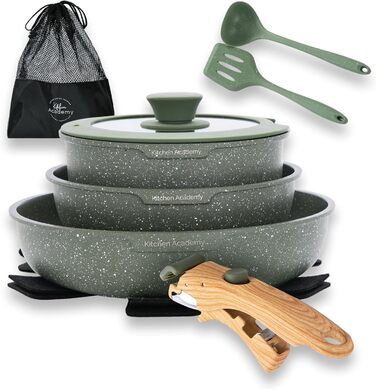 Набір каструль і сковорідок Kitchen Academy 10 предметів з мармуровим антипригарним покриттям, скляними кришками, для індукції, зелений колір