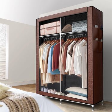 Тканинна шафа INTIRILIFE 108x170x45 см, коричнева, з блискавкою, полицями, металевим каркасом, боковою кишенею та перекладиною для одягу – складаний органайзер для зберігання