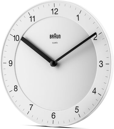 Настінний годинник Braun BC06W, класичний, аналоговий, кварцовий механізм, тихий хід, білий циферблат, 20 см
