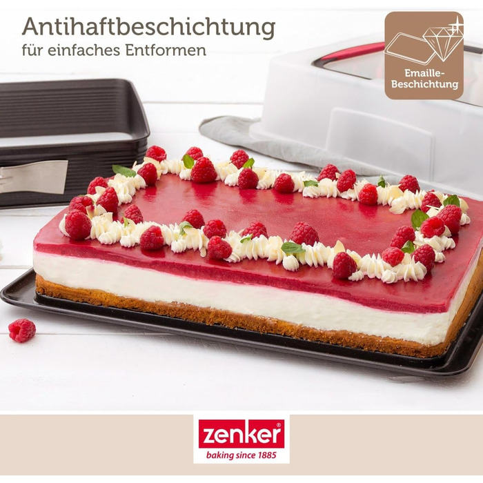 Форма для випічки Zenker Deluxe з кришкою, прямокутна, емальований піддон, контейнер для транспортування торта, чорна/прозора/червона