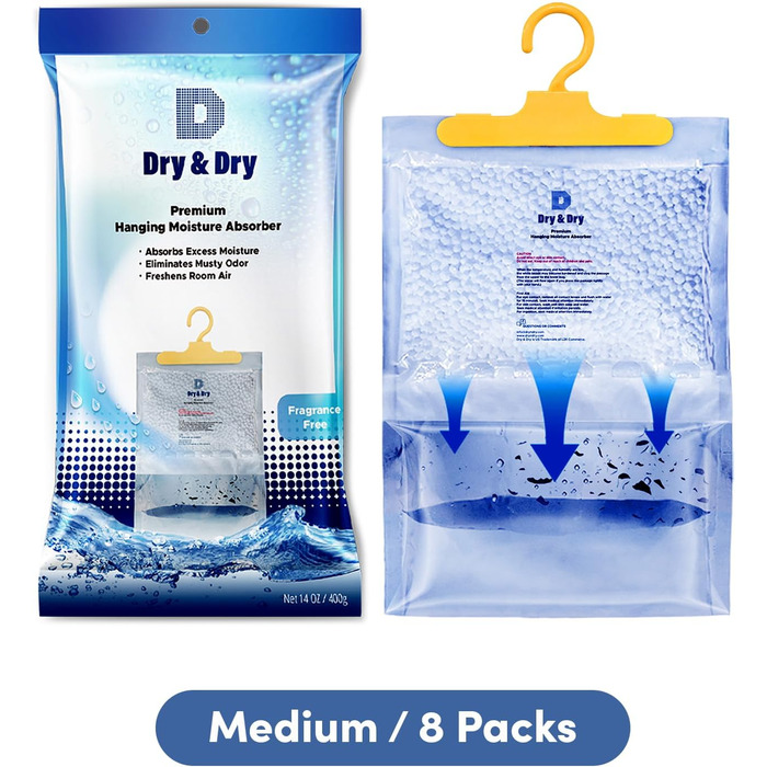 Преміум вологопоглиначі Dry & 8 шт. (14 унцій/шт) для підвалу, шаф, ванної, пральні – ультра потужний засіб від зайвої вологи, підвісний, поглинач вологи