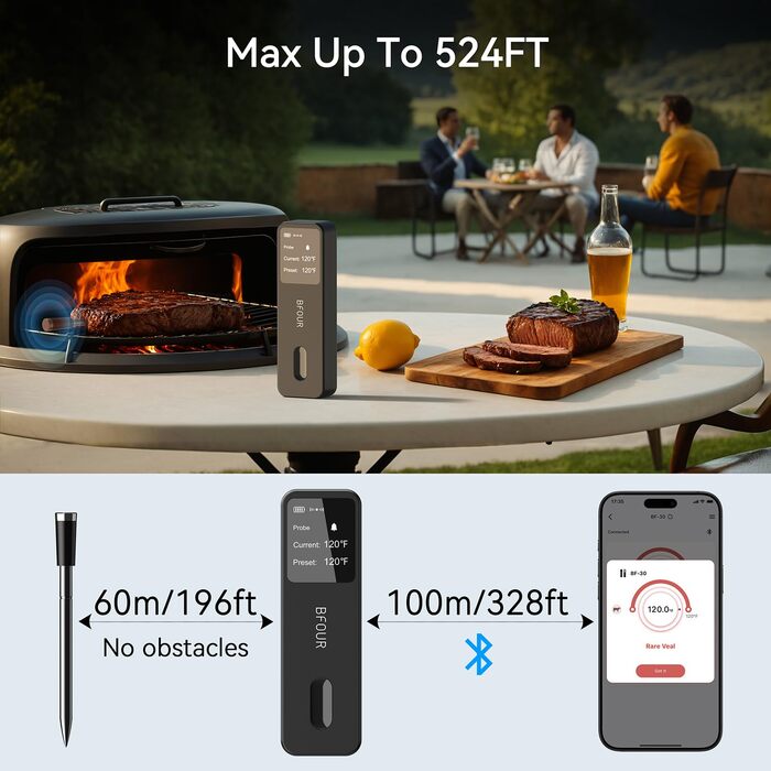 Бездротовий термометр для м'яса BFOUR з Bluetooth, водонепроникний IP67, з додатком, великий дисплей, для грилю, духовки, рожна