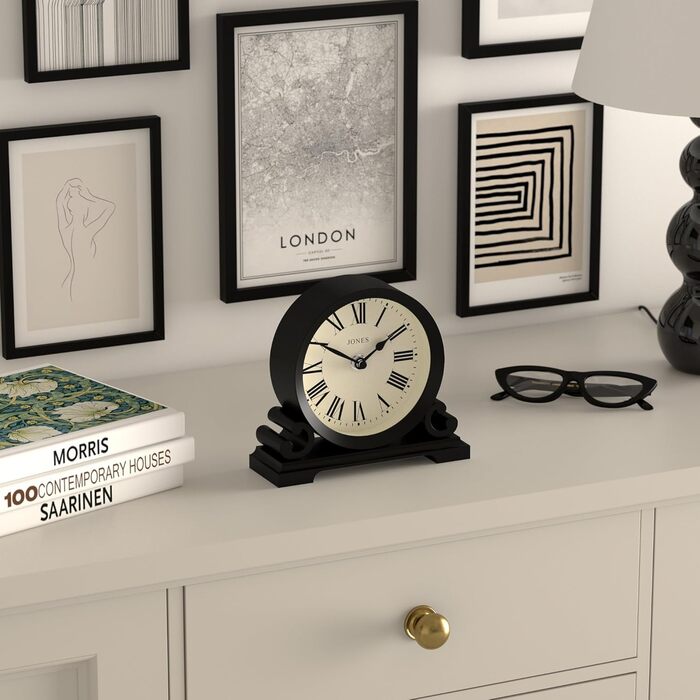 Декоративний настільний годинник JONES CLOCKS Saloon, класичний стиль, чорний, римські цифри, подвійний сувій, для письмового столу, полиці чи тумбочки