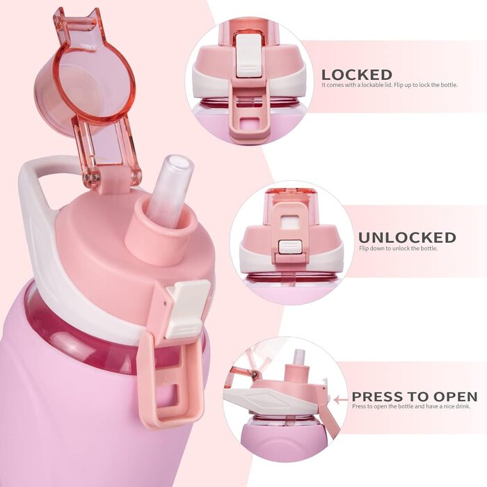 Скляна пляшка для води 1 л з трубочкою, боросилікат, BPA Free, силіконова оболонка, пастельно-рожева