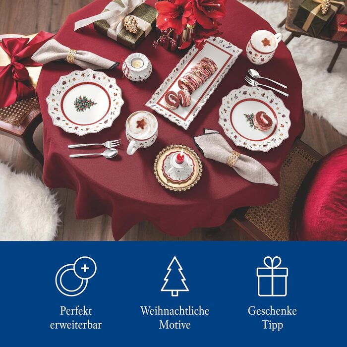 Villeroy & Boch Toy's Delight – набір тарілок 8 шт., порцеляна, святковий набір для різдвяного столу, обідні та сніданкові тарілки з новорічним малюнком, сервіз на 8 персон