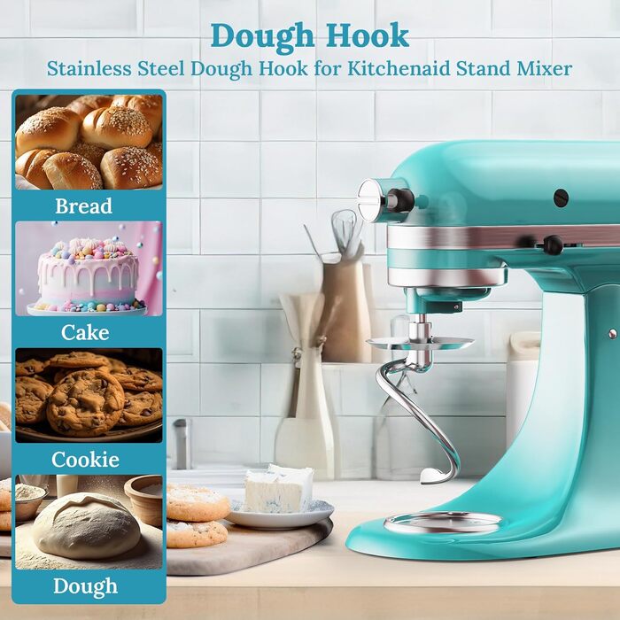 Гак для замішування тіста з нержавіючої сталі для міксерів KitchenAid 4,5–5 л, насадка для планетарних міксерів, підходить для моделі з відкидною головкою, можна мити в посудомийці, аксесуар для кухонної техніки
