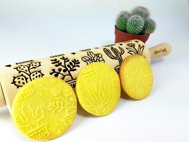 Дерев'яна качалка з гравіюванням кактусів для тіста та печива Algis Crafts, пряге ролик для домашньої випічки, декор з сукулентами