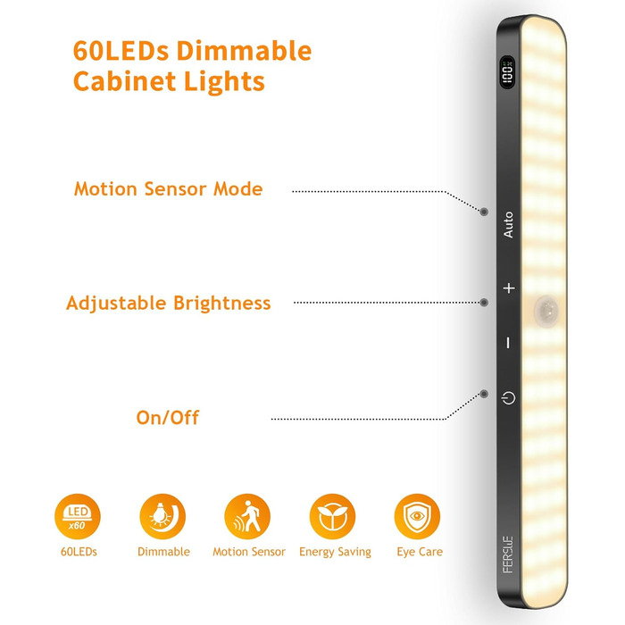 LED-підсвітка для шафи Ferswe з датчиком руху, індикатором заряду, USB-акумуляторна, тепле світло 3000K, 2 шт. Підсвітка для кухні, гардеробу, меблів