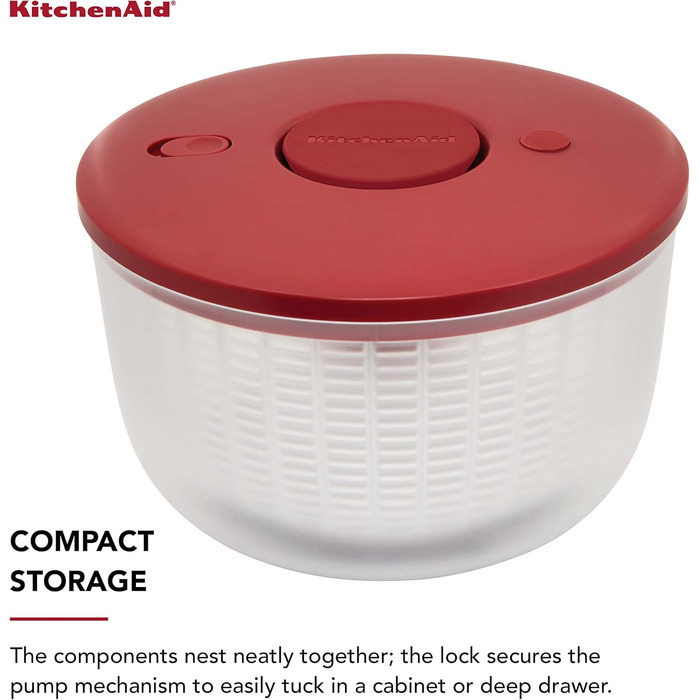 Сушарка для салату KitchenAid KQ308OSERA універсальна з від'ємним ситом, одноручним помповим механізмом, велика чаша з нековзною основою, пластик, червона Empire