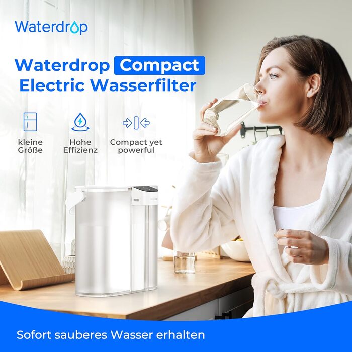 Глечик-фільтр для води Waterdrop електричний, 3-місячний фільтр, настільна система очищення, зменшує хлор, свинець, ртуть, PFAS, PFOA/PFOS, об’єм 757 л, білий, для холодильника