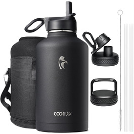 Термос пляшка для води Coolflask 2 л з трубочкою та 3 кришками, ізольована сталева спортивна пляшка з подвійною вакуумною ізоляцією, не протікає, чорна для спорту та офісу