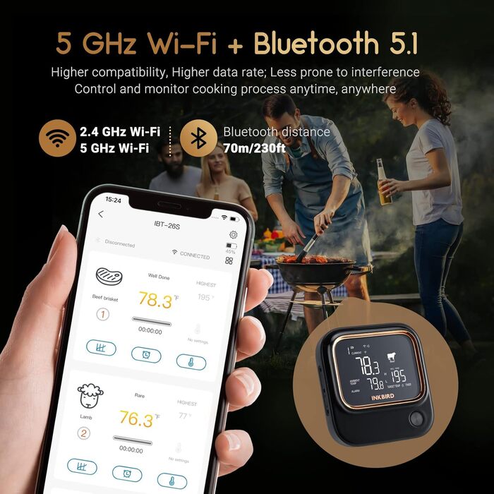 Гриль-термометр Inkbird IBT-26S з Bluetooth 5.1 і Wi-Fi, 4 датчики температури, магнітне кріплення, USB-зарядка, для кухні, духовки, гриля, BBQ, коптильні