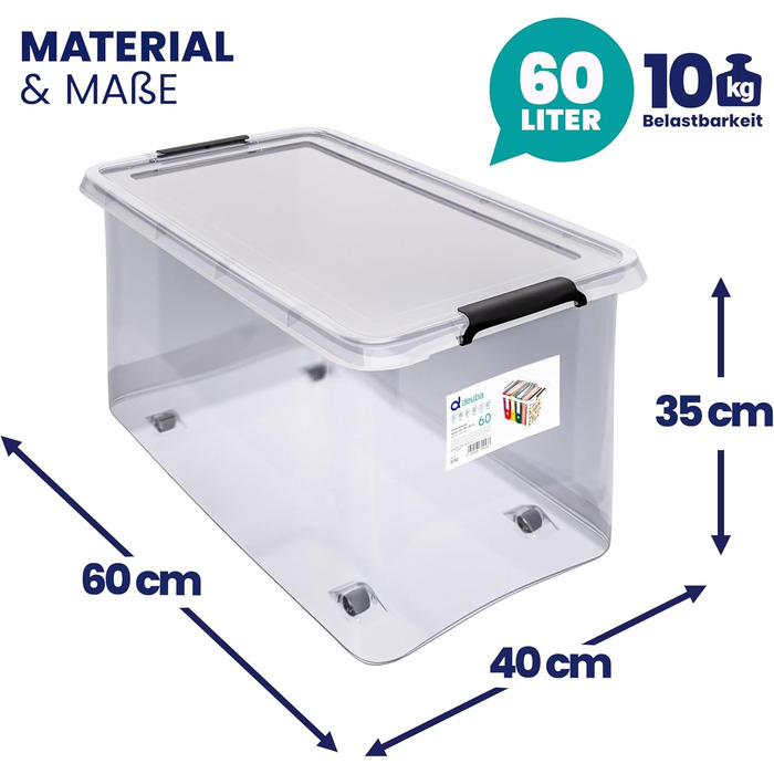 Набір контейнерів Deuba 6×60л з кришкою і колесами, прозорі пластикові, BPA-free, для офісу, гаража, пральні, штабельовані