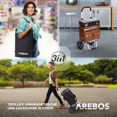 Візок для покупок Arebos 3в1, 56 л, з ізотермічним відділенням, складаний, знімна сумка на колесах, чорний