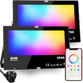 Світлодіодний RGB прожектор для вулиці 80W, з таймером, Bluetooth, IP66, водонепроникний, з режимом зміни кольору та DIY-ефектами