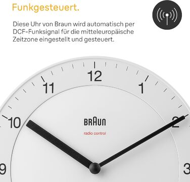 Настінний годинник Braun BC06W-DCF, радіокерований, тиха робота, 20 см, білий, класичний стиль, центральноєвропейський час