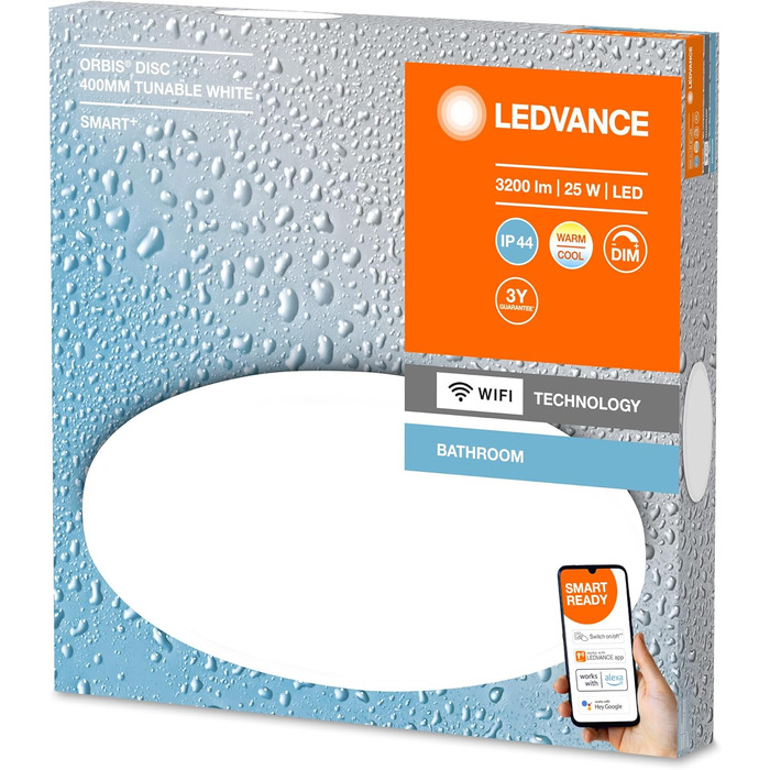 Розумна LED лампа для ванної LEDVANCE Orbis Bath, 1200 Лм, 3000-6500K, 40 см, IP44, димована, керування через Wi-Fi, додаток та голосовий асистент, біла