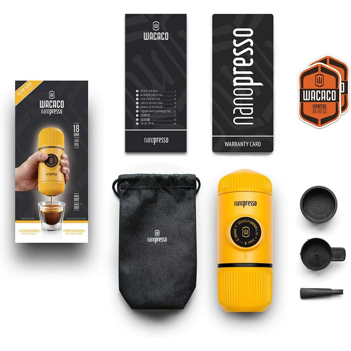 Портативна кавоварка WACACO Nanopresso, 18 бар, ручна, для подорожей, кемпінгу та походів, жовта