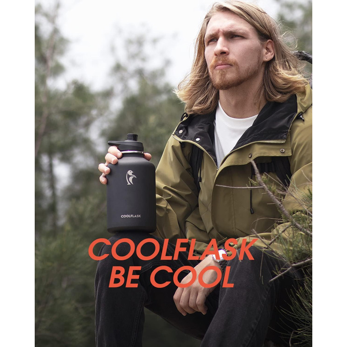 Термобутилка Coolflask 2 л з нержавіючої сталі з PU-чохлом, ізольована пляшка для води з кришкою-соломинкою, тримає холод 48 годин і тепло 24 години, Polar Black