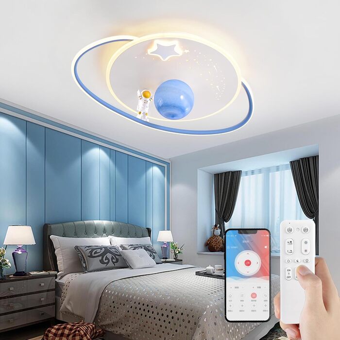 Дитяча стельова LED-лампа RRBEST Місяць та астронавт, диммована з пультом, біло-синя, для хлопчиків і дівчаток, 50 см, сучасний дизайн, декор для дитячої кімнати