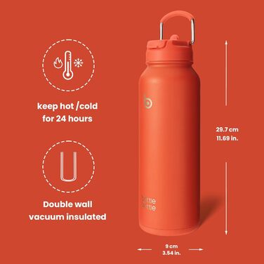 Термос-пляшка з трубочкою BOTTLE BOTTLE, спортивна нержавіюча пляшка 1 л з ручкою, для води, таблеток, біла/помаранчева