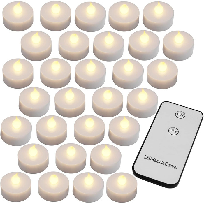 LED свічки Monzana, 30 шт., електричні, з пультом, 3,7 см, тепле біле світло, реалістичне мерехтіння, батарейки в комплекті, фламелесні, тривалий час роботи