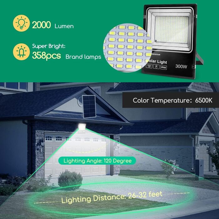 Світлодіодний сонячний прожектор Aigostar 300W, холодне біле світло 6500K, IP66, для вулиці, саду, двору, гаража, з сонячною панеллю