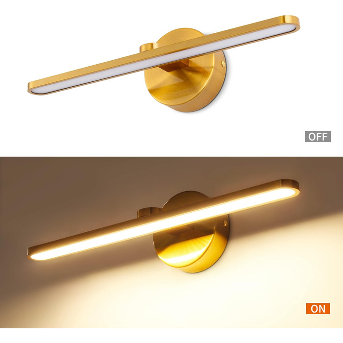 Світильник для ванної MantoLite LED з вимикачем, 40 см, настінна лампа для дзеркала, 8W 3000K, нержавіюча сталь, акрил, латунь, для готелю та ресторану