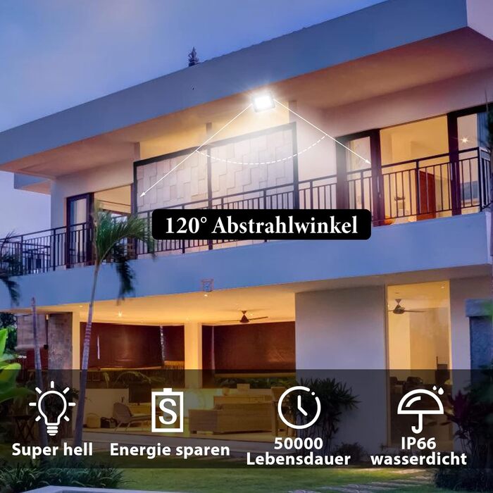 LED прожектор для вулиці 10W, 10 шт, IP66 водонепроникний, 8500Лм, холодне біле світло 6000K, кут 120°, для зовнішнього та внутрішнього використання