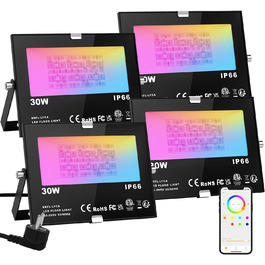 Розумний RGB LED прожектор ChangM 30W, 4 шт, Bluetooth, 16 млн кольорів, IP66, вуличний водонепроникний світильник для саду та підсвічування атмосфери