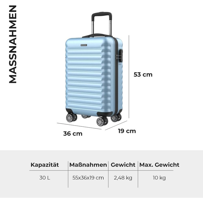 Ручна поклажа валіза Upfly XS 55x36x19 см, 31 л, ABS, 4 подвійні колеса, кодовий замок, жорсткий чемодан із роздільником і ременями, синя