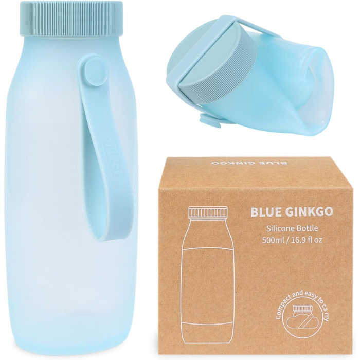 Складні силіконові пляшки для води BLUE GINKGO 500 мл, набір 2 шт, легкі, для подорожей, туризму та кемпінгу, вироблено в Кореї, бежеві та сині