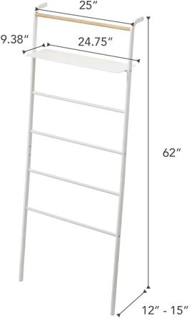 Yamazaki TOWER драбина для одягу з полицею, сталь і дерево, мінімалістична, 66×30–38×160 см, біла