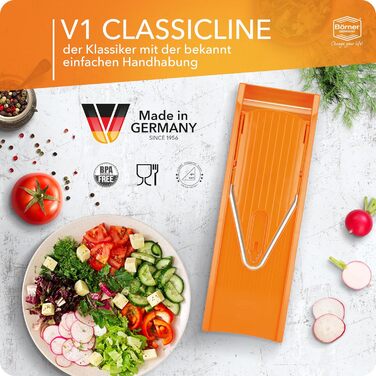 Овочерізка Börner V1 Starter Set, V-подібна, 4 насадки, фруктотримач, регульована, для овочів та фруктів, нарізка скибками, соломкою, кубиками, помаранчева