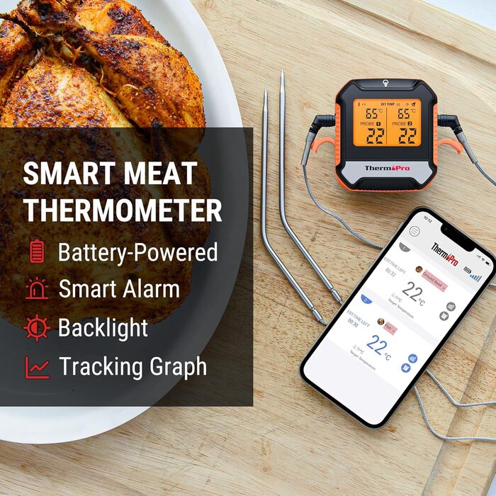 Цифровий м'ясний термометр ThermoPro з 2 зондами для гриля, барбекю, коптильні, з Bluetooth 5.0 до 135 м, перезаряджуваний, з сигналом тривоги, для кухні та смартфона