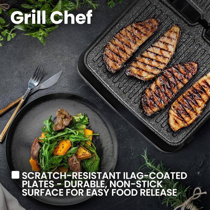 Електричний контактний гриль і сендвіч-тостер Grill Chef 2100Вт, знімні пластини, 2в1, розкладний на 180°, антипригарне покриття, піддон для жиру, звуковий сигнал, сріблястий